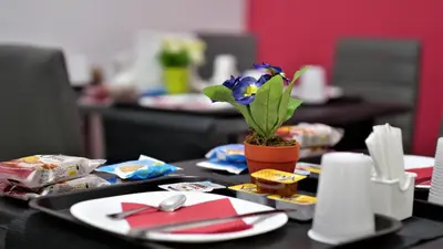 a table with plates and a potted plant on it at Tiburtina Royal Suites in Rome