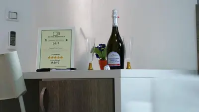 a bottle of wine and two glasses on a counter at Tiburtina Royal Suites in Rome
