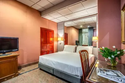 a hotel room with a bed and a television at Castro Pretorio 64 Easy Rooms in Rome