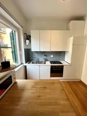 a small kitchen with white cabinets and a sink at St. Peter Home Private Terrace in Rome