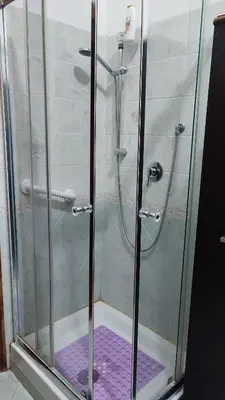 a shower with a glass door with a purple shower mat at Montagnola House in Rome