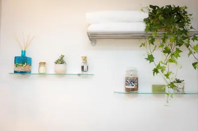 a shelf with towels and plants on a wall at Casa Vinia in Rome