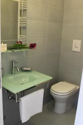 a bathroom with a toilet and a sink at Windows on Rome in Rome