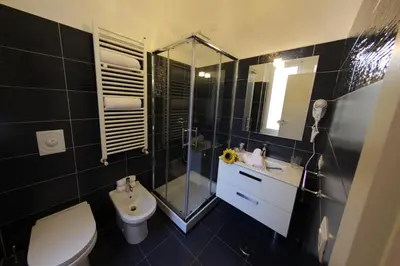 a bathroom with a shower and a toilet and a sink at Windows on Rome in Rome