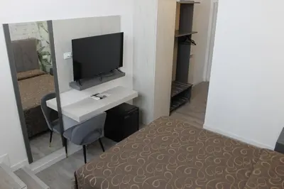 a bedroom with a bed and a desk with a television at Hotel Galileo in Rome