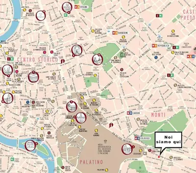 a map of a city with circled attractions at 150 m dal Colosseo - Appartamento Minerva in Rome