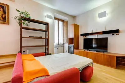 a living room with a bed and a television at Vatican - Zen Style loft with Jacuzzi in Rome