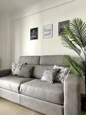 a gray couch in a living room with a plant at Maison DaLù in Rome