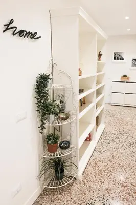a white room with plants on shelves at Family apartment near Vatican Museum in Rome