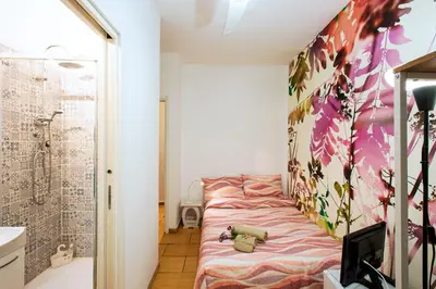 a small bedroom with a bed and a shower at B&B La stanza di Zoe - Roma Tre Metro B Marconi in Rome