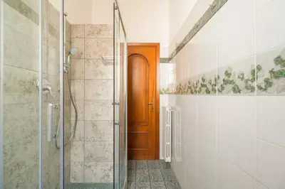 a bathroom with a shower and a wooden door at Imperial Nazionale in Rome
