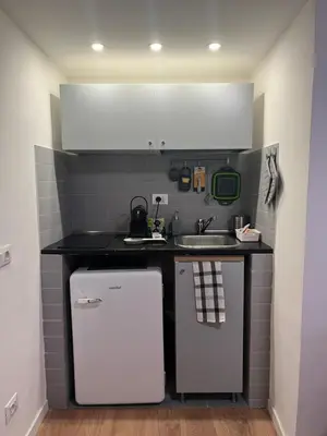 a kitchen with a sink and a white refrigerator at Studio flat ultimo piano in centro in Rome