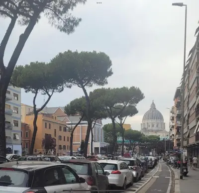 a row of cars parked on a city street with a cathedral at Vatican Inside House in Rome