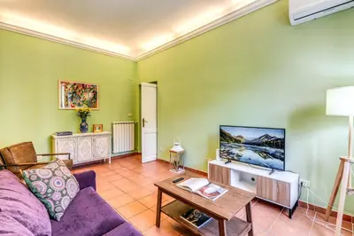 a living room with a purple couch and a tv at Lovely flat in Testaccio in Rome
