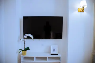 a flat screen tv hanging on a white wall at Casa Donna Olimpia Appartamento Roma in Rome