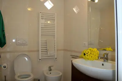 a bathroom with a white toilet and a sink at Attico con terrazza Santa Cecilia in Rome