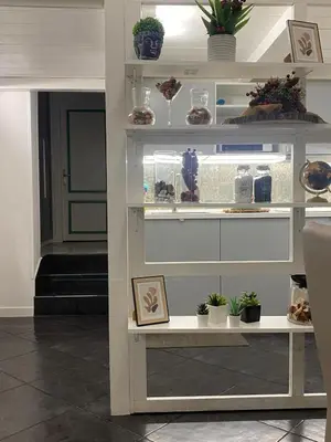 a white shelf filled with plants and vases at Loft Torlonia in Rome