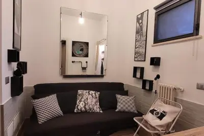 a living room with a black couch and a mirror at Trastevere Home Gallery in Rome