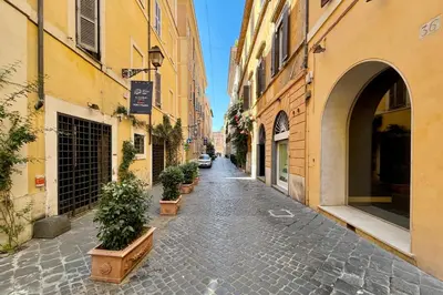 an alley with potted plants and buildings on a street at Studio d'Artista, Elegante Loft nel Cuore di Roma in Rome