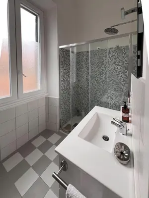 a white bathroom with a sink and a shower at Garbatella House in Rome