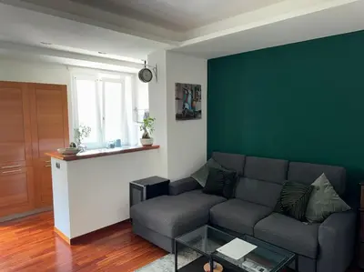 a living room with a couch and a green wall at Quarto Piano - intero alloggio a Roma in Rome