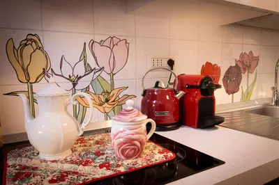 a kitchen counter with vases on a tray on a stove at La Casa di Vittorio boutique Ottaviano San Pietro in Rome