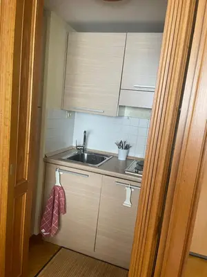 a kitchen with wooden cabinets and a sink and a counter at Casa vacanze al 315 a San Giovanni in Rome