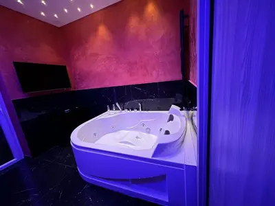 a bathroom with a tub in a purple room at Balcone sul parco in Rome