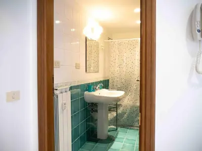 a bathroom with a sink and a shower at Window on Rome in Rome