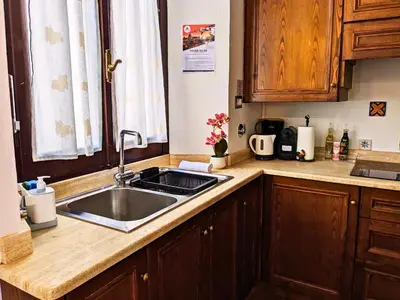 a kitchen with a stainless steel sink and wooden cabinets at Smart Lodging Prime in Rome