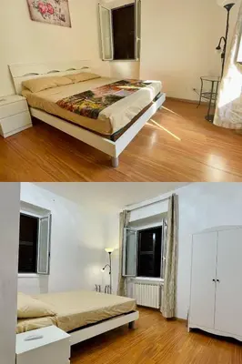 two pictures of a bedroom with a bed and a window at h135 in Rome