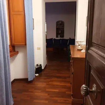 a hallway leading into a living room with wooden floors at La Casa di Filippo in Rome