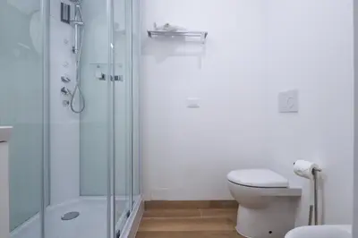 a white bathroom with a shower and a toilet at A 10 passi dal Vaticano in Rome