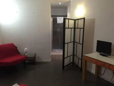 a living room with a red couch and a television at Bed & Puppets in Rome