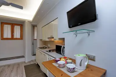 a kitchen with a counter with a tv on the wall at Diamond Apartments in Rome