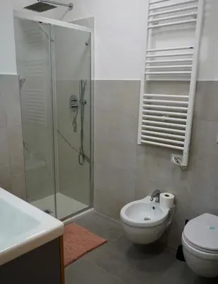 a bathroom with a shower and a toilet and a sink at Santo Apartment in Trastevere in Rome