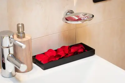 a box of red roses on a bathroom counter at TimeRoma Vatican in Rome