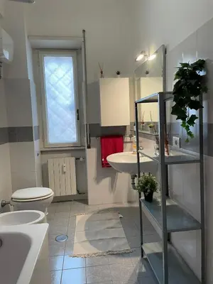 a bathroom with a sink and a toilet and a window at Group Apartment Roma in Rome