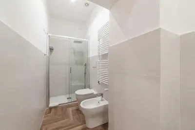 a white bathroom with a toilet and a shower at Private apartment in Rome