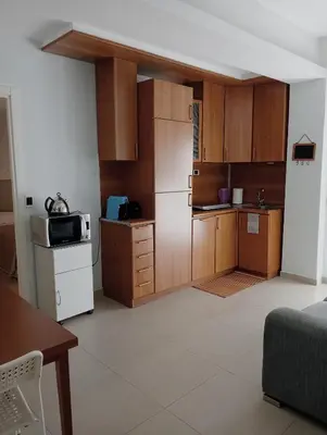 a kitchen with wooden cabinets and a white refrigerator at TEMPORARY HOME ROMA in Rome