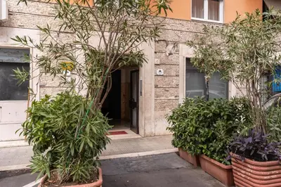 two potted trees in pots in front of a building at Rdd in Rome