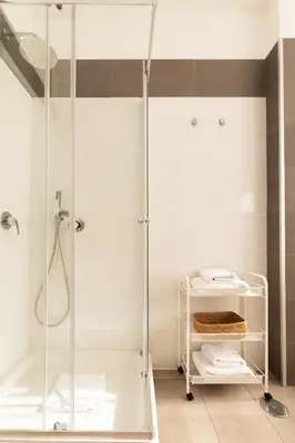 a shower with a glass door in a bathroom at Domiziano Boutique Apartment in Rome