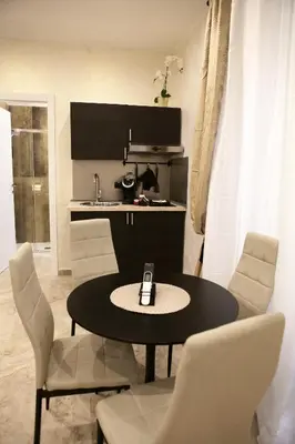 a room with a table and chairs and a kitchen at Jadore Monic in Rome