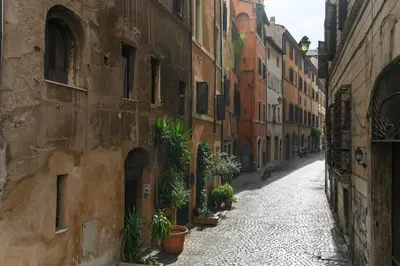 an alley in an old building with potted plants at Monserrato Charme Apartment - Campo dei Fiori in Rome