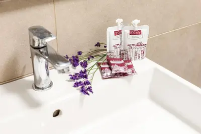 a bathroom sink with a toothpaste and flowers on it at Trastevere Contemporary Apartment in Rome