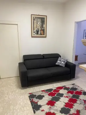 a black couch in a living room with a rug at Nic Roma House in Rome