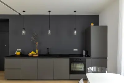 a kitchen with gray cabinets and a black wall at iFlat Sunny & Brand New Apartament near Vatican in Rome