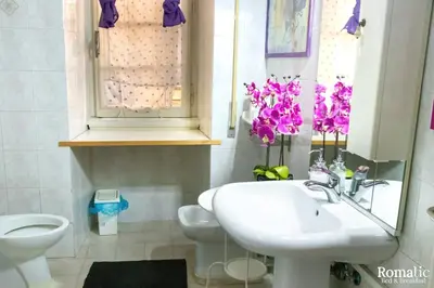a bathroom with a sink and a toilet and purple flowers at Romatic in Rome
