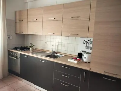 a kitchen with wooden cabinets and a sink in it at RIPOLI APARTMENT in Rome