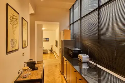a kitchen with a refrigerator and a counter with a microwave at Vittorio Apartment Rome in Rome